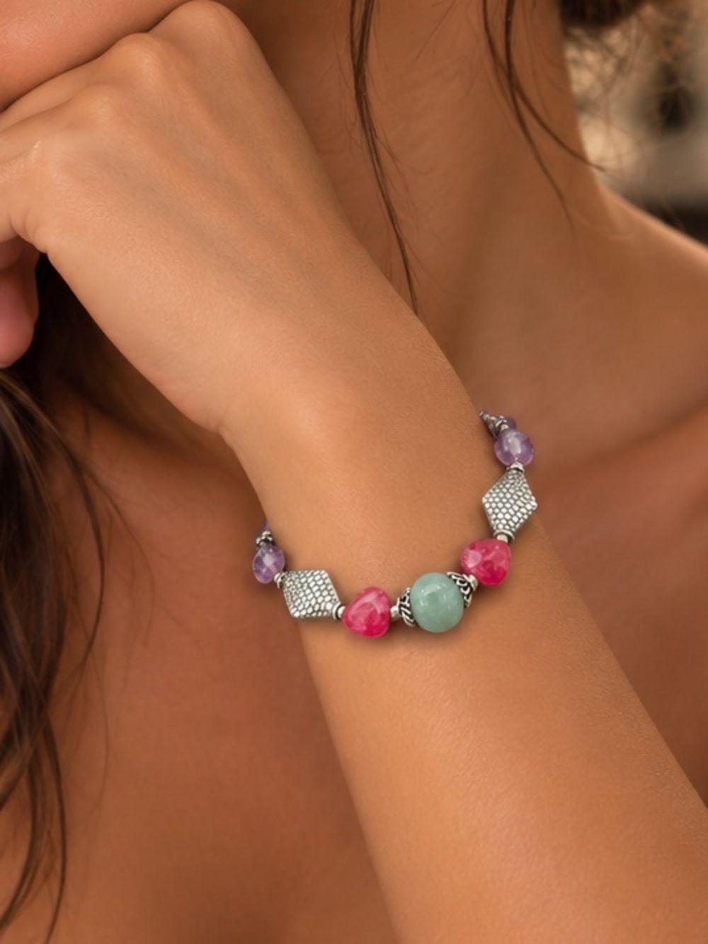 Sterling Accent Bracelet with Pink, Purple and Aqua Gemstones